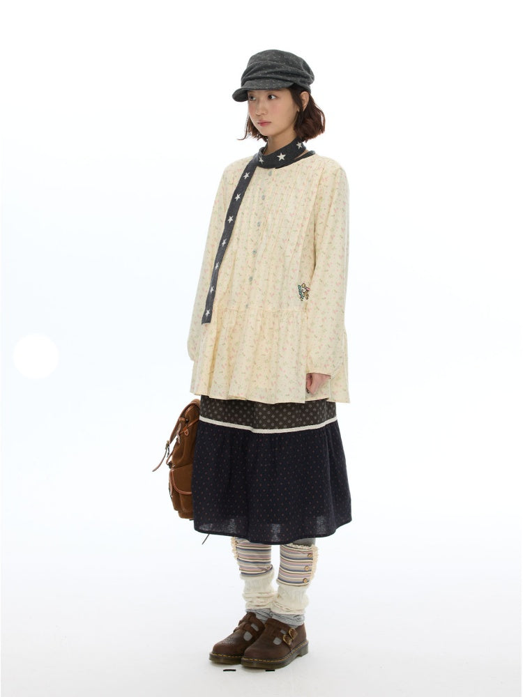 Crew Neck Doll Floral Lantern Long-Sleeve Shirt Dress【s0000018619】