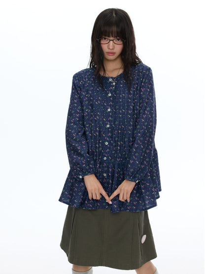 Crew Neck Doll Floral Lantern Long-Sleeve Shirt Dress【s0000018619】