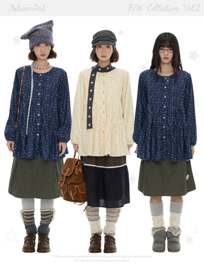 Crew Neck Doll Floral Lantern Long-Sleeve Shirt Dress【s0000018619】