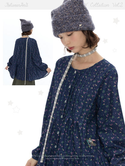 Crew Neck Doll Floral Lantern Long-Sleeve Shirt Dress【s0000018619】