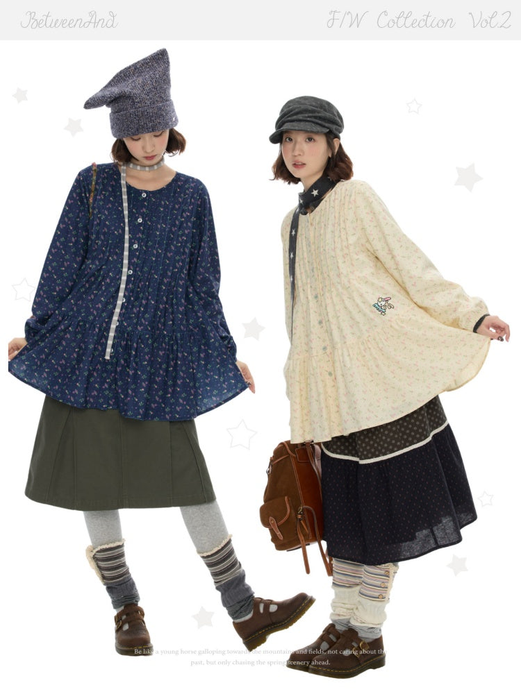 Crew Neck Doll Floral Lantern Long-Sleeve Shirt Dress【s0000018619】