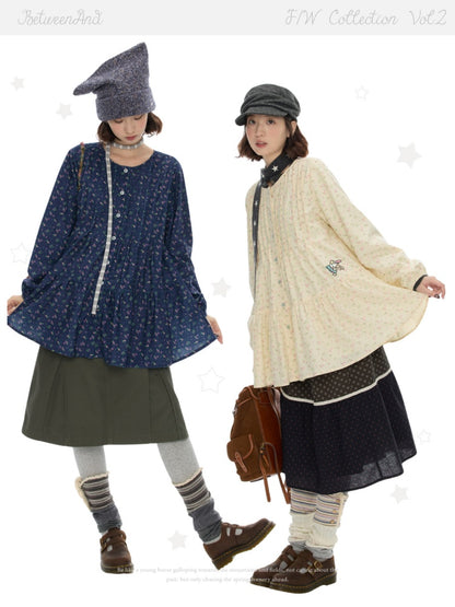 Crew Neck Doll Floral Lantern Long-Sleeve Shirt Dress【s0000018619】