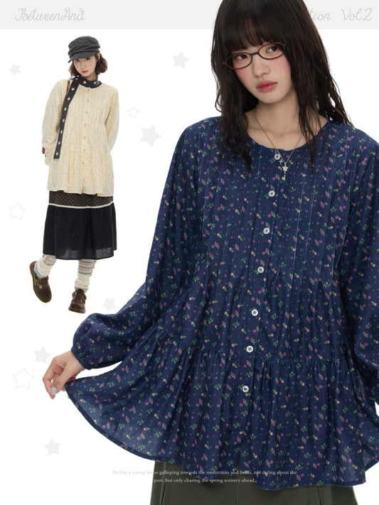 Crew Neck Doll Floral Lantern Long-Sleeve Shirt Dress【s0000018619】