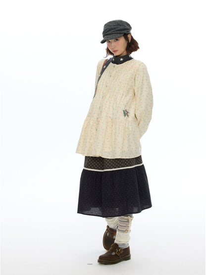 Crew Neck Doll Floral Lantern Long-Sleeve Shirt Dress【s0000018619】