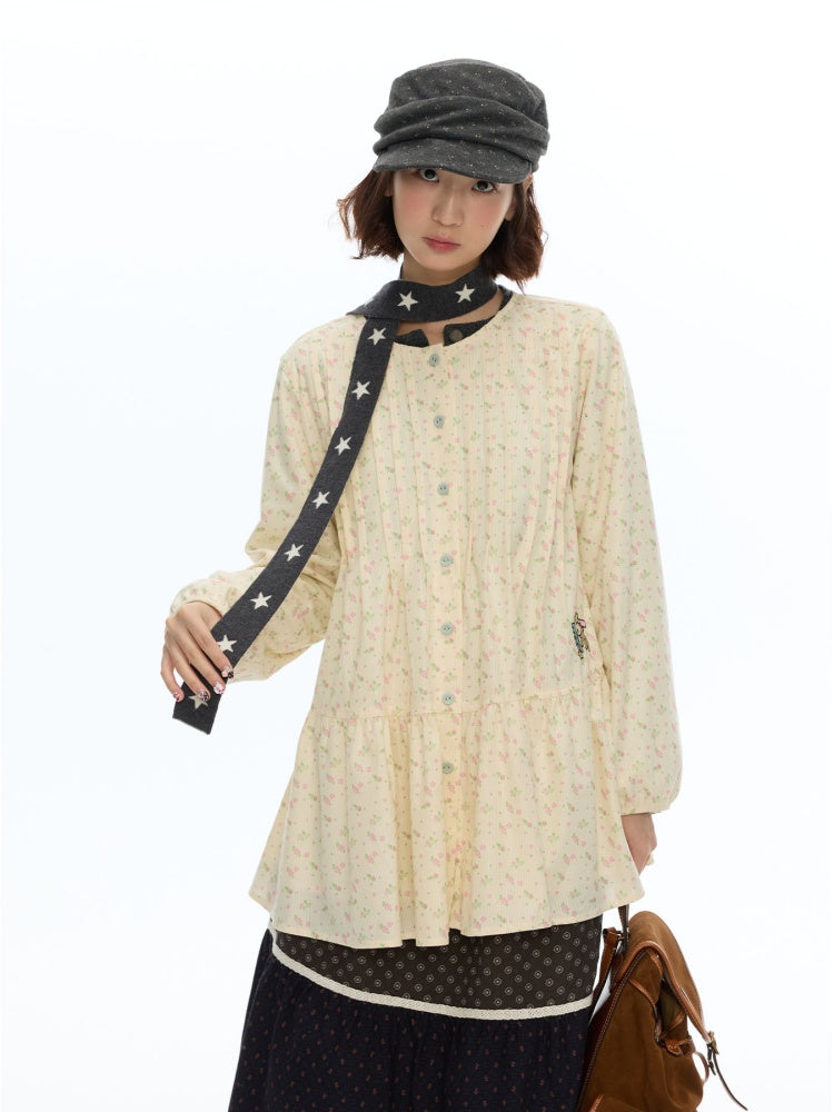 Crew Neck Doll Floral Lantern Long-Sleeve Shirt Dress【s0000018619】