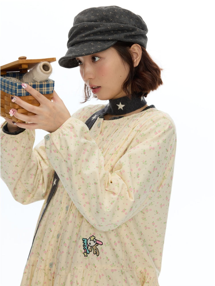 Crew Neck Doll Floral Lantern Long-Sleeve Shirt Dress【s0000018619】