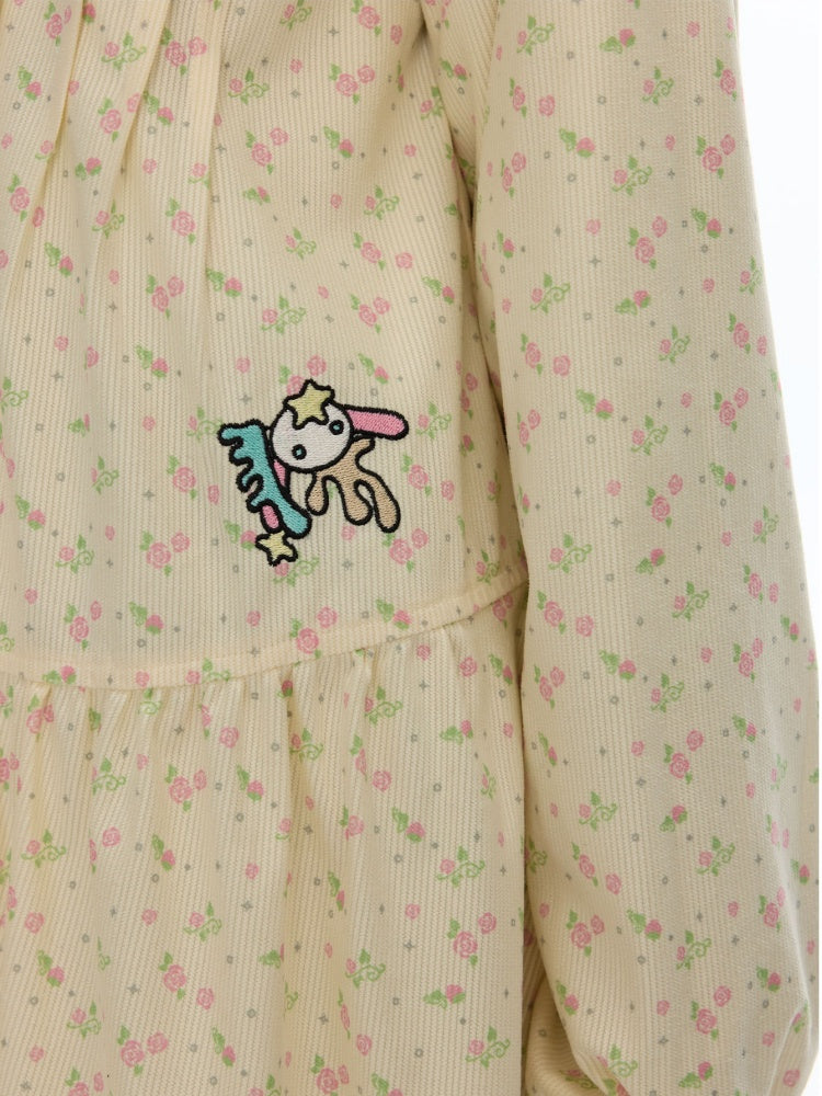 Crew Neck Doll Floral Lantern Long-Sleeve Shirt Dress【s0000018619】
