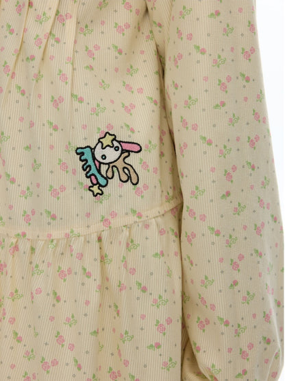 Crew Neck Doll Floral Lantern Long-Sleeve Shirt Dress【s0000018619】
