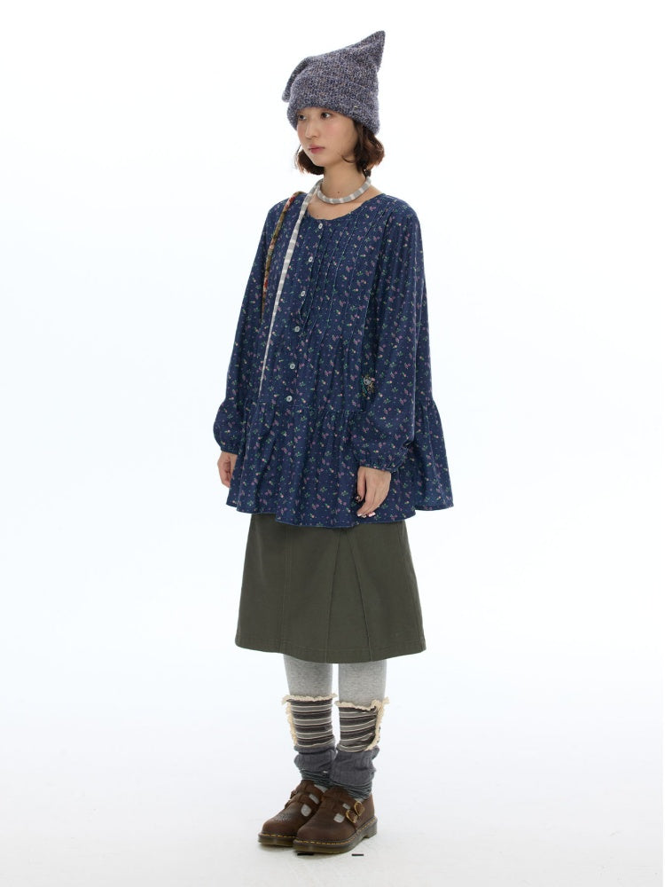 Crew Neck Doll Floral Lantern Long-Sleeve Shirt Dress【s0000018619】