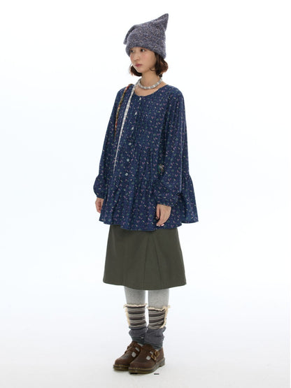 Crew Neck Doll Floral Lantern Long-Sleeve Shirt Dress【s0000018619】