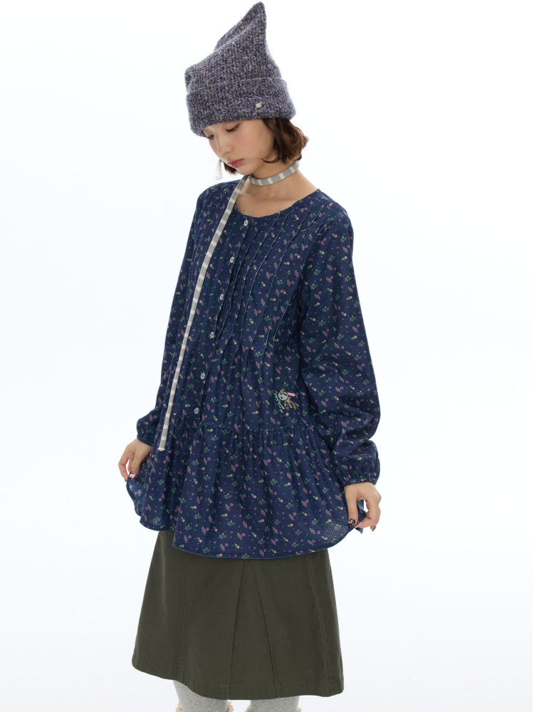Crew Neck Doll Floral Lantern Long-Sleeve Shirt Dress【s0000018619】