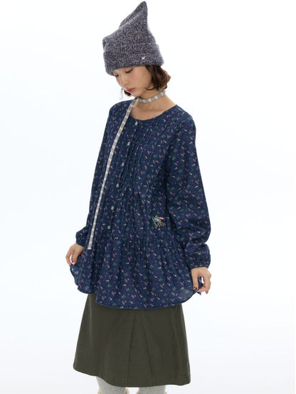 Crew Neck Doll Floral Lantern Long-Sleeve Shirt Dress【s0000018619】