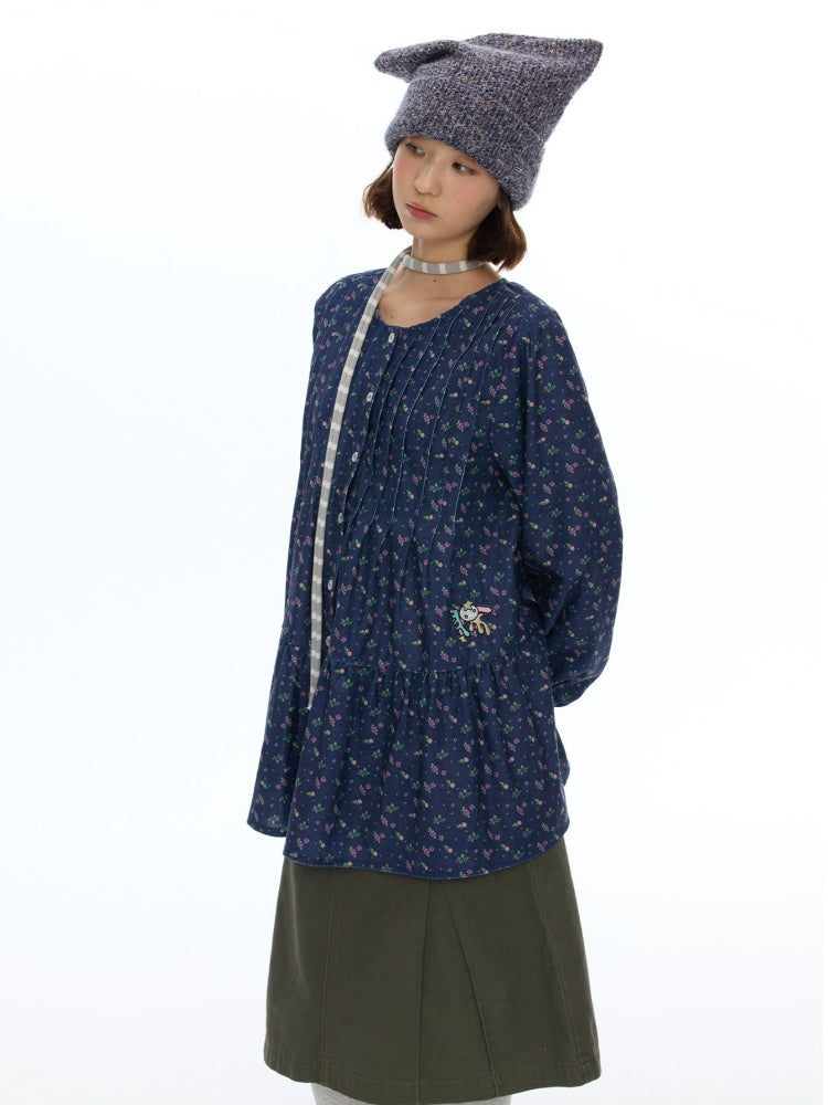 Crew Neck Doll Floral Lantern Long-Sleeve Shirt Dress【s0000018619】
