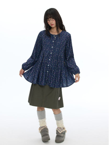 Crew Neck Doll Floral Lantern Long-Sleeve Shirt Dress【s0000018619】