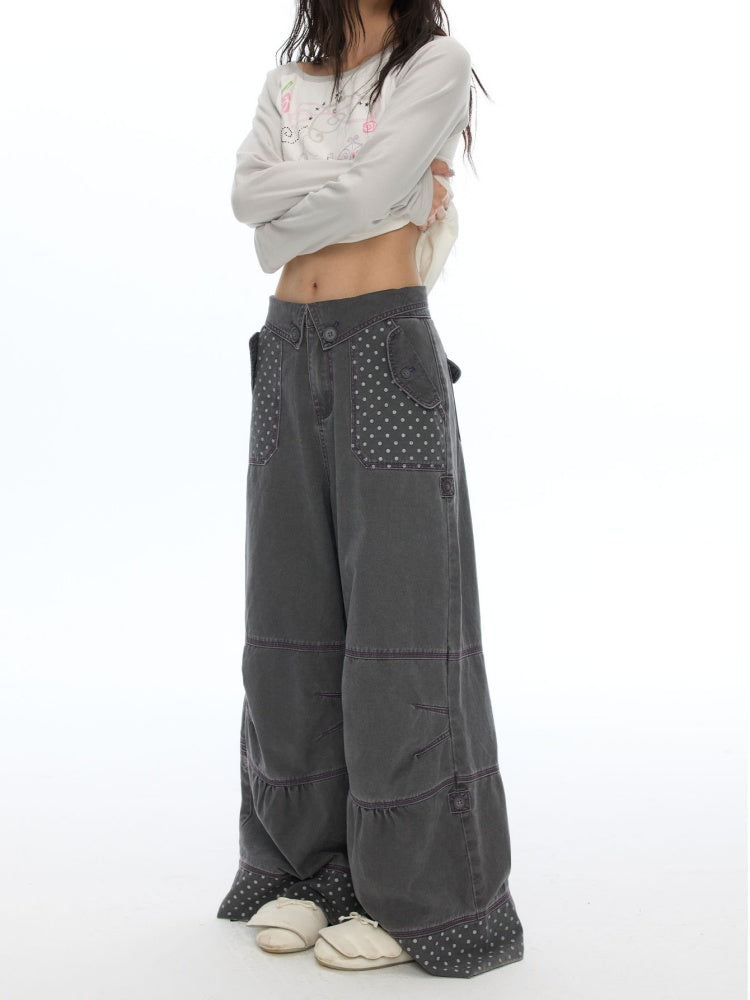 Smoky Gray-Purple Stitched Polka Dot Pure Cotton Casual Split Cargo Pants【s0000018620】