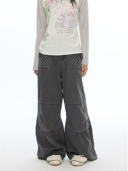 Smoky Gray-Purple Stitched Polka Dot Pure Cotton Casual Split Cargo Pants【s0000018620】