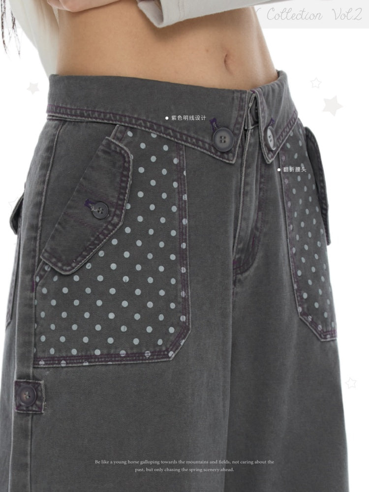 Smoky Gray-Purple Stitched Polka Dot Pure Cotton Casual Split Cargo Pants【s0000018620】