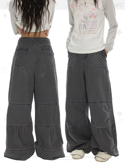 Smoky Gray-Purple Stitched Polka Dot Pure Cotton Casual Split Cargo Pants【s0000018620】