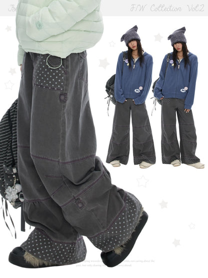 Smoky Gray-Purple Stitched Polka Dot Pure Cotton Casual Split Cargo Pants【s0000018620】