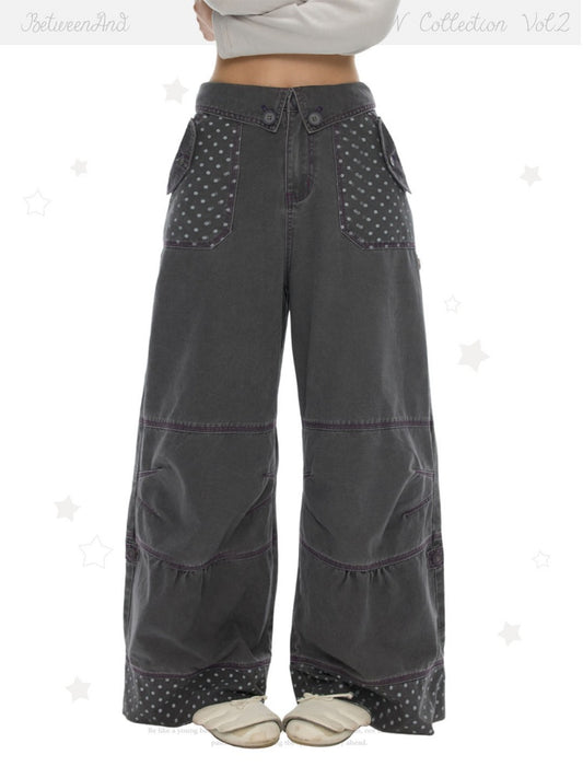 Smoky Gray-Purple Stitched Polka Dot Pure Cotton Casual Split Cargo Pants【s0000018620】