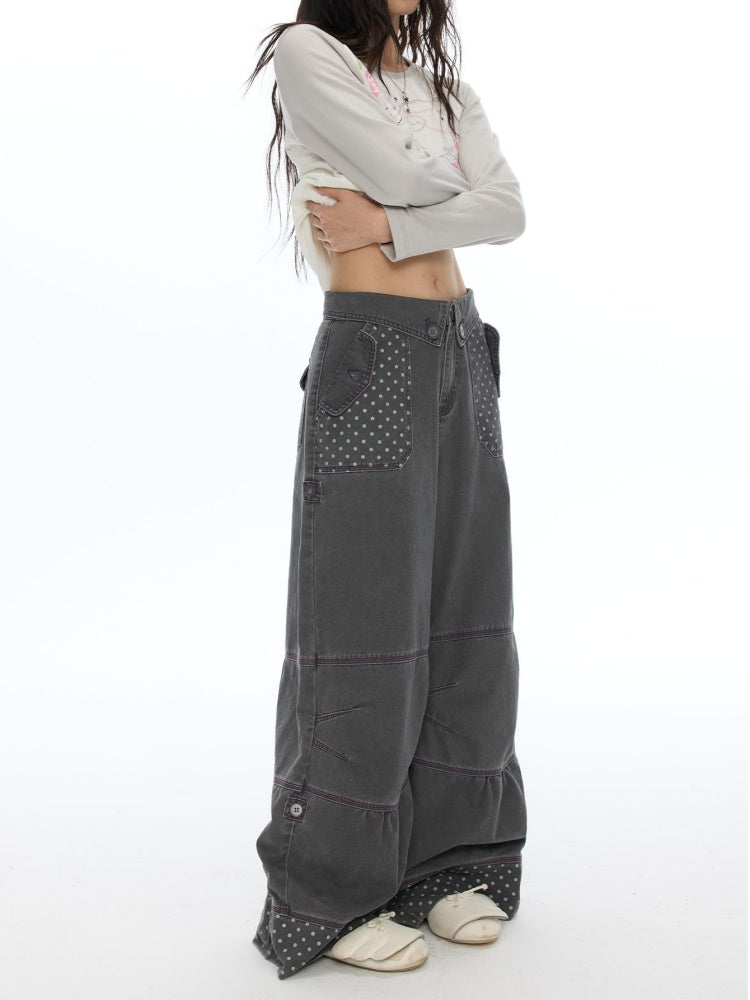 Smoky Gray-Purple Stitched Polka Dot Pure Cotton Casual Split Cargo Pants【s0000018620】
