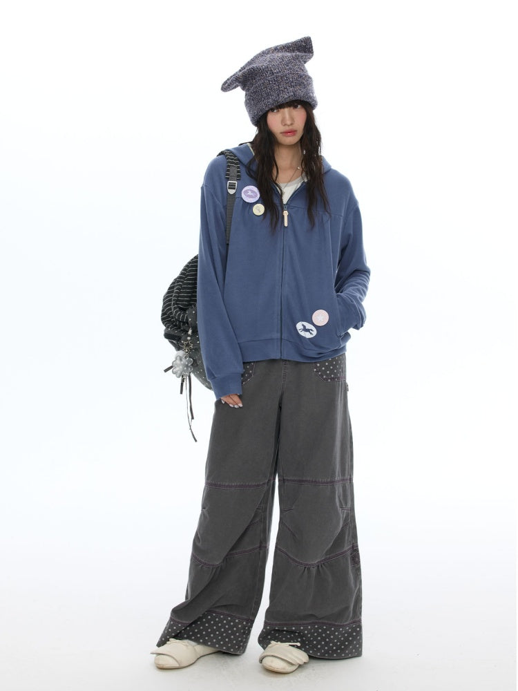 Smoky Gray-Purple Stitched Polka Dot Pure Cotton Casual Split Cargo Pants【s0000018620】