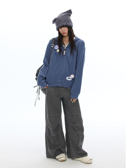 Smoky Gray-Purple Stitched Polka Dot Pure Cotton Casual Split Cargo Pants【s0000018620】