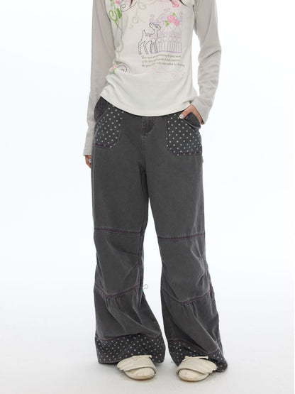Smoky Gray-Purple Stitched Polka Dot Pure Cotton Casual Split Cargo Pants【s0000018620】