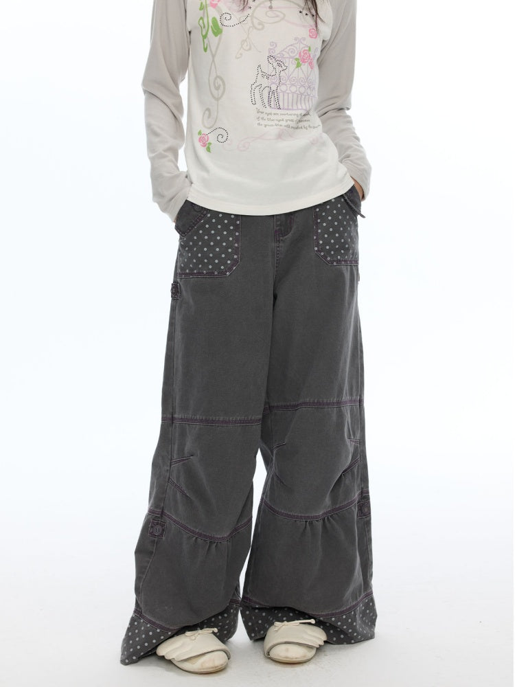 Smoky Gray-Purple Stitched Polka Dot Pure Cotton Casual Split Cargo Pants【s0000018620】