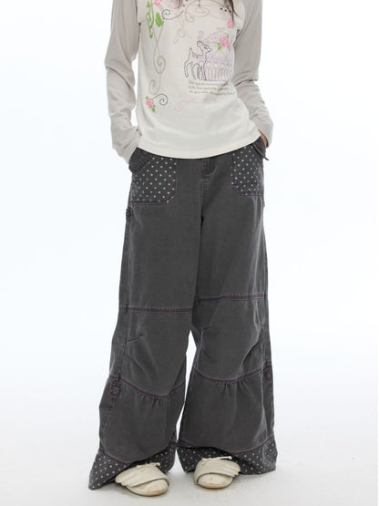 Smoky Gray-Purple Stitched Polka Dot Pure Cotton Casual Split Cargo Pants【s0000018620】