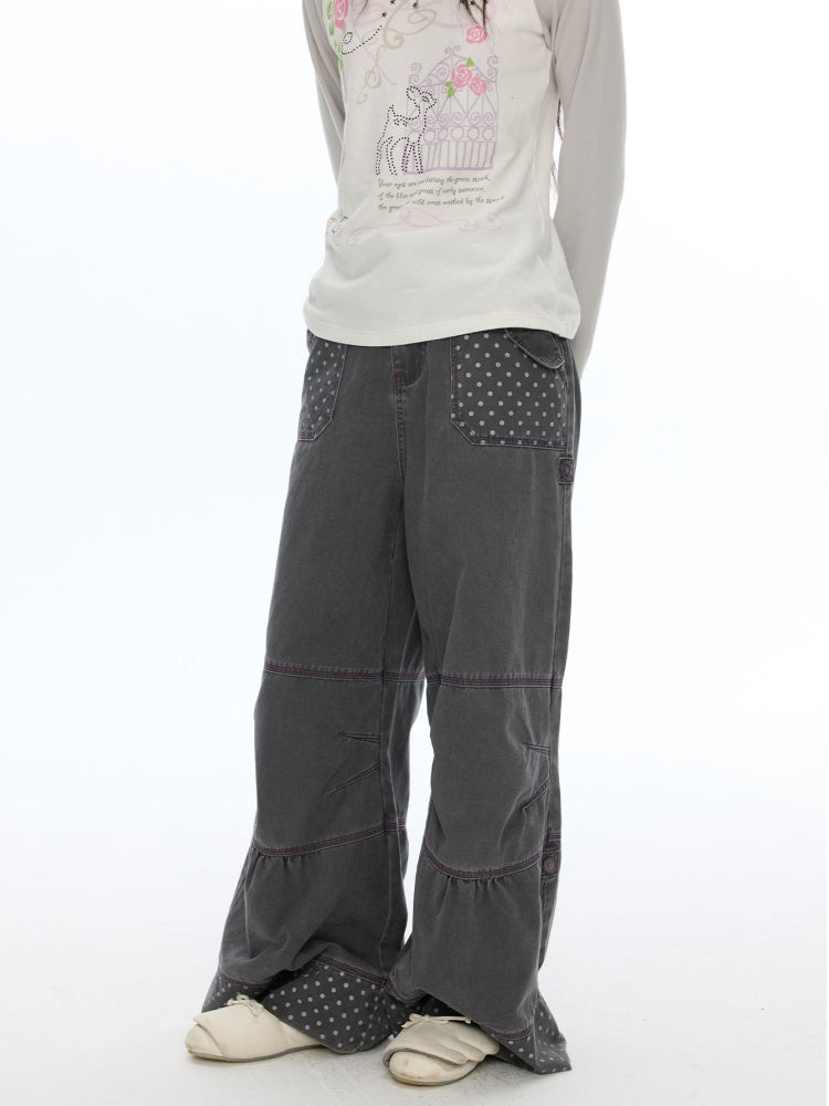 Smoky Gray-Purple Stitched Polka Dot Pure Cotton Casual Split Cargo Pants【s0000018620】