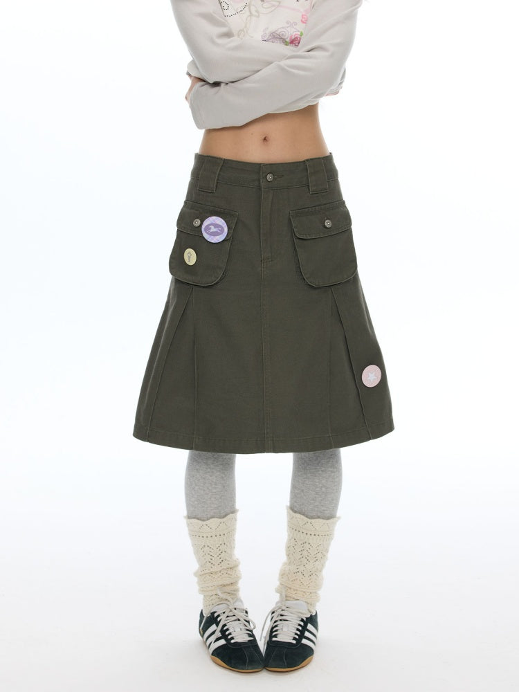 Army Green Pleated A-Line Workwear Midi Skirt【s0000018621】