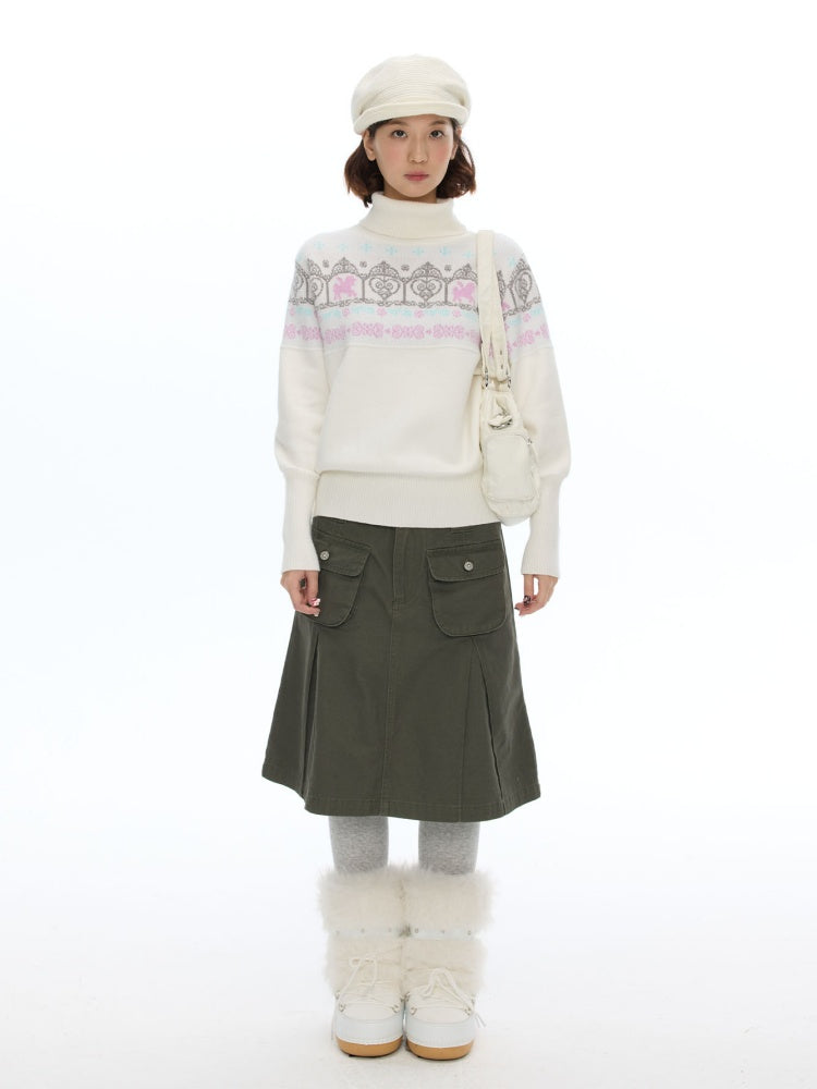 Army Green Pleated A-Line Workwear Midi Skirt【s0000018621】