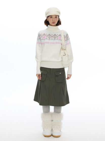 Army Green Pleated A-Line Workwear Midi Skirt【s0000018621】