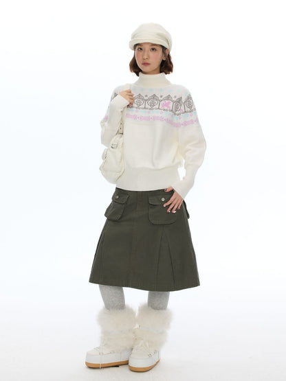 Army Green Pleated A-Line Workwear Midi Skirt【s0000018621】