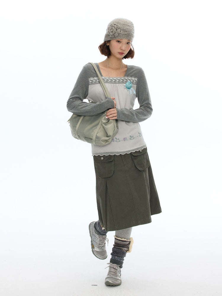 Army Green Pleated A-Line Workwear Midi Skirt【s0000018621】
