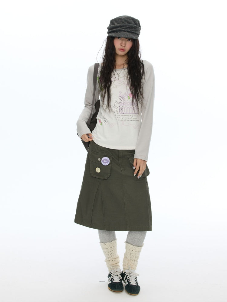 Army Green Pleated A-Line Workwear Midi Skirt【s0000018621】