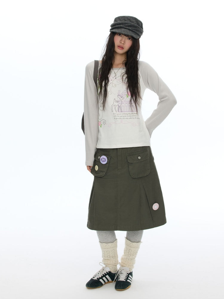 Army Green Pleated A-Line Workwear Midi Skirt【s0000018621】