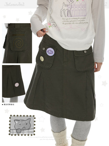 Army Green Pleated A-Line Workwear Midi Skirt【s0000018621】