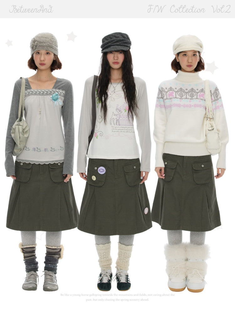 Army Green Pleated A-Line Workwear Midi Skirt【s0000018621】