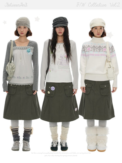 Army Green Pleated A-Line Workwear Midi Skirt【s0000018621】