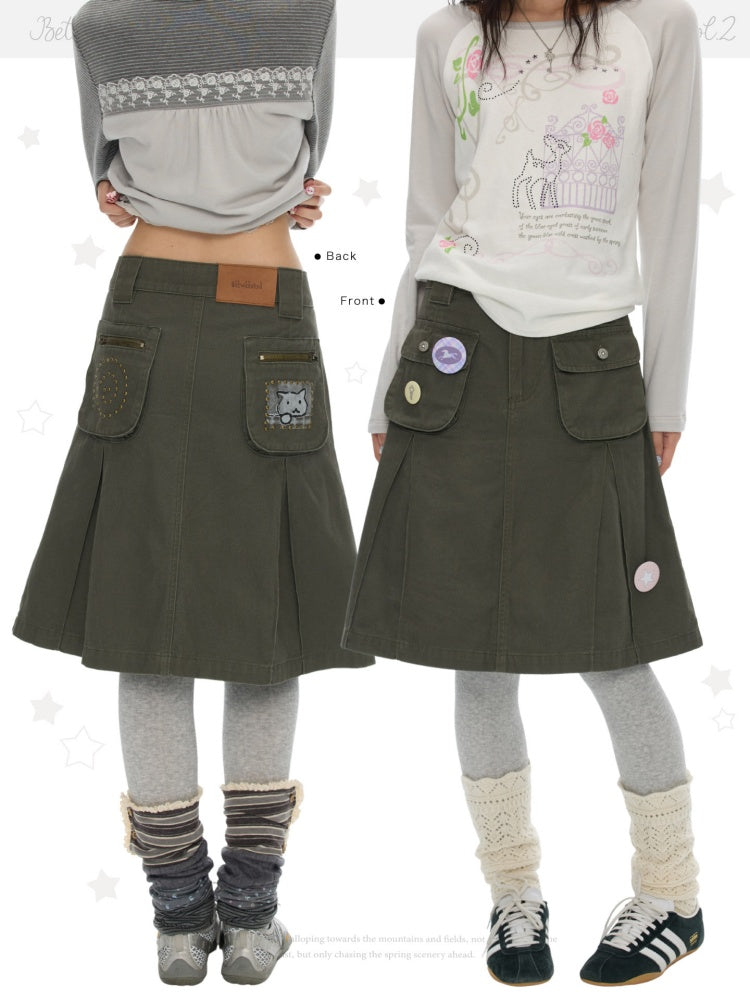 Army Green Pleated A-Line Workwear Midi Skirt【s0000018621】