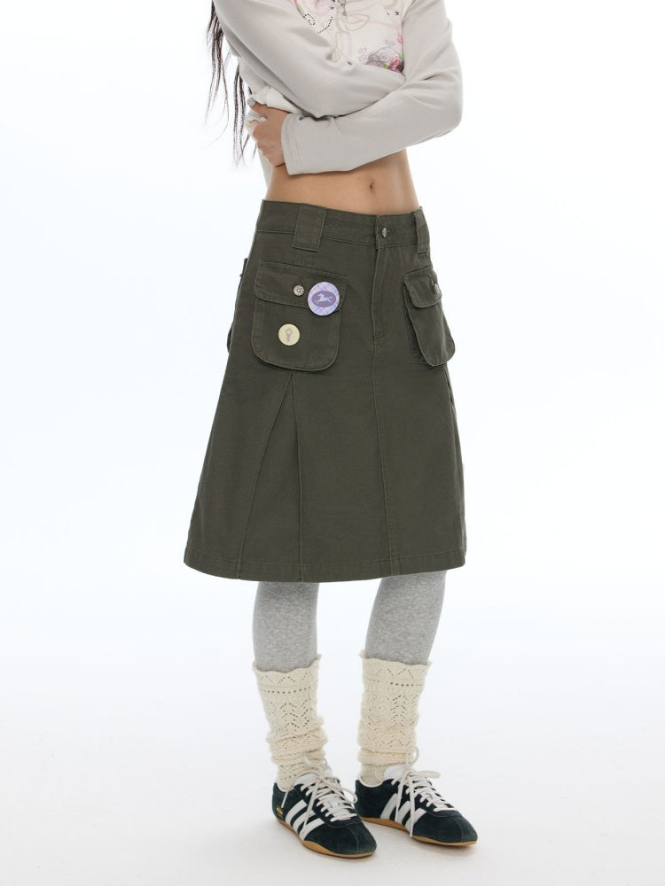 Army Green Pleated A-Line Workwear Midi Skirt【s0000018621】