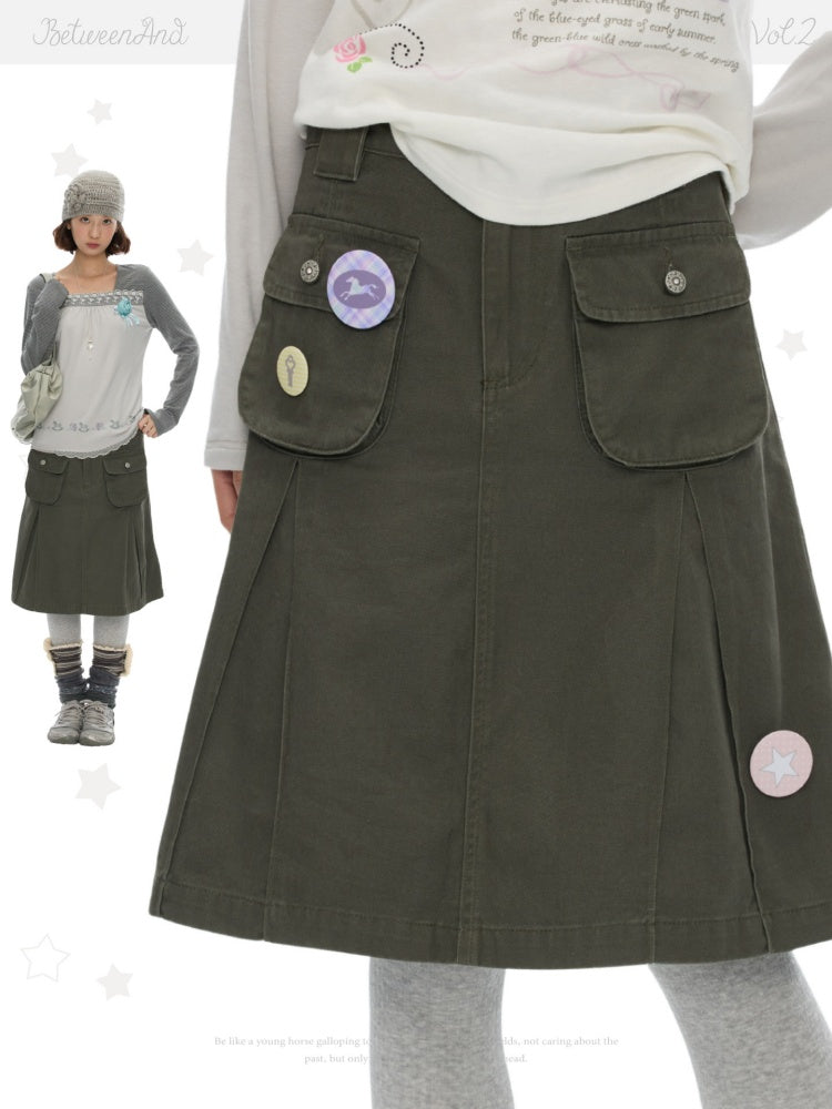 Army Green Pleated A-Line Workwear Midi Skirt【s0000018621】