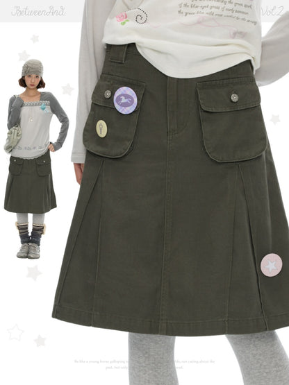 Army Green Pleated A-Line Workwear Midi Skirt【s0000018621】