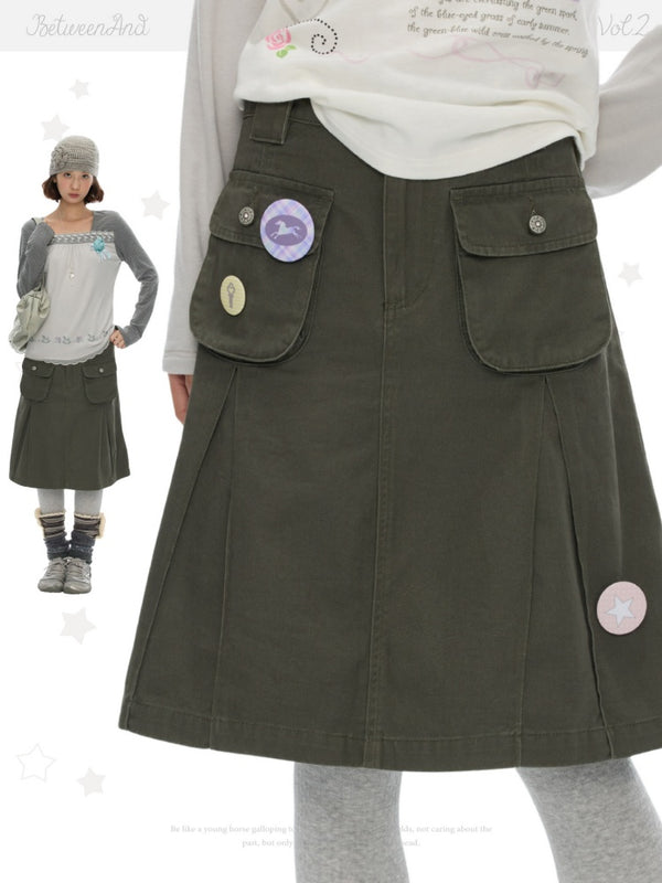 Army Green Pleated A-Line Workwear Midi Skirt【s0000018621】