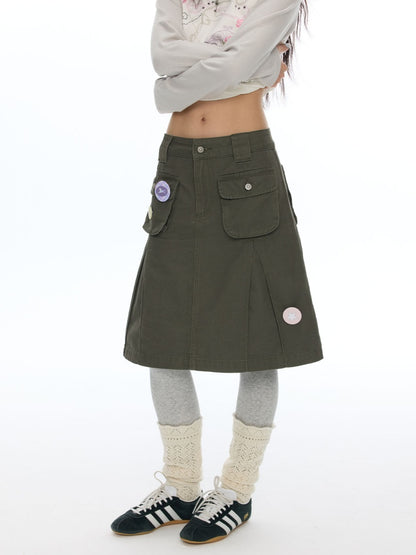 Army Green Pleated A-Line Workwear Midi Skirt【s0000018621】