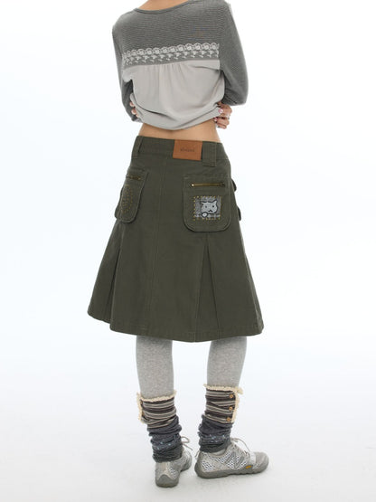 Army Green Pleated A-Line Workwear Midi Skirt【s0000018621】