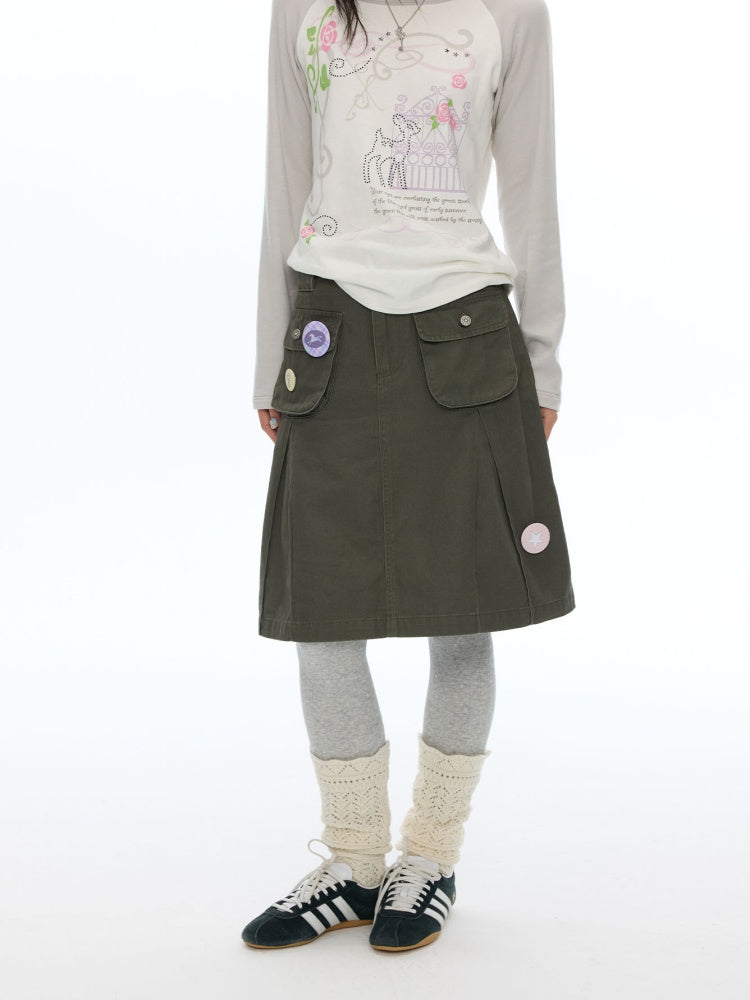 Army Green Pleated A-Line Workwear Midi Skirt【s0000018621】