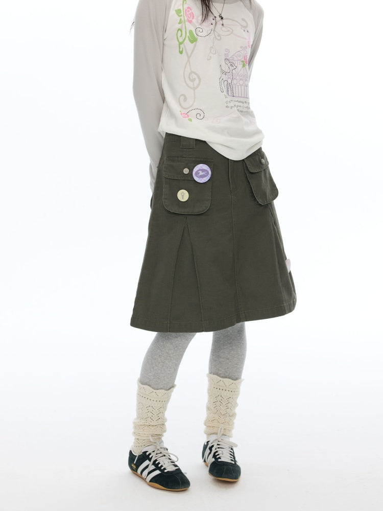 Army Green Pleated A-Line Workwear Midi Skirt【s0000018621】